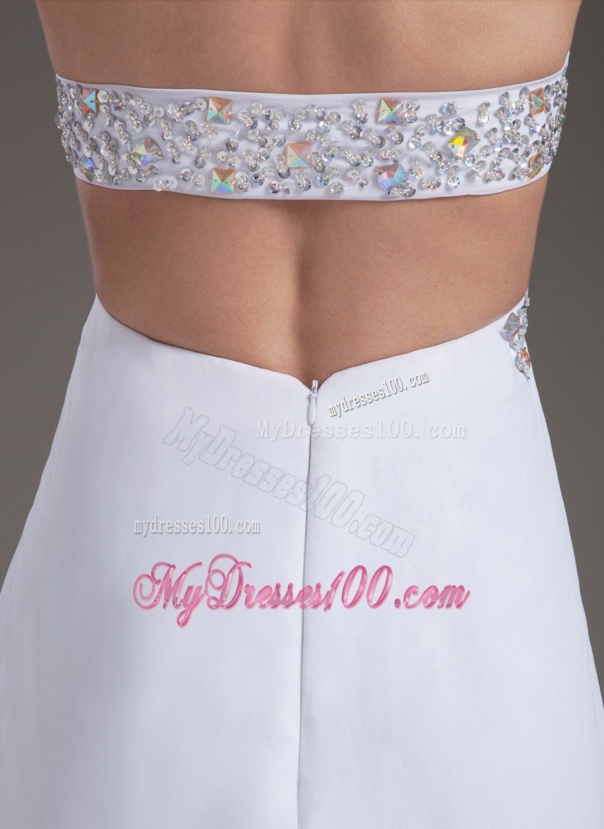 White Strapless Chiffon Beaded Prom Dress with Brush Train