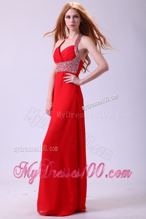 2014 Empire Halter Beading Red Chiffon Floor-length Evening Dress