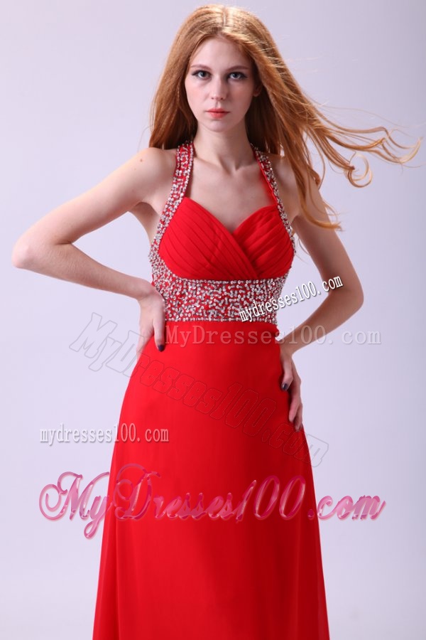 2014 Empire Halter Beading Red Chiffon Floor-length Evening Dress
