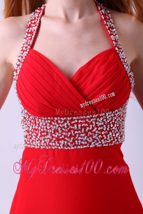 2014 Empire Halter Beading Red Chiffon Floor-length Evening Dress