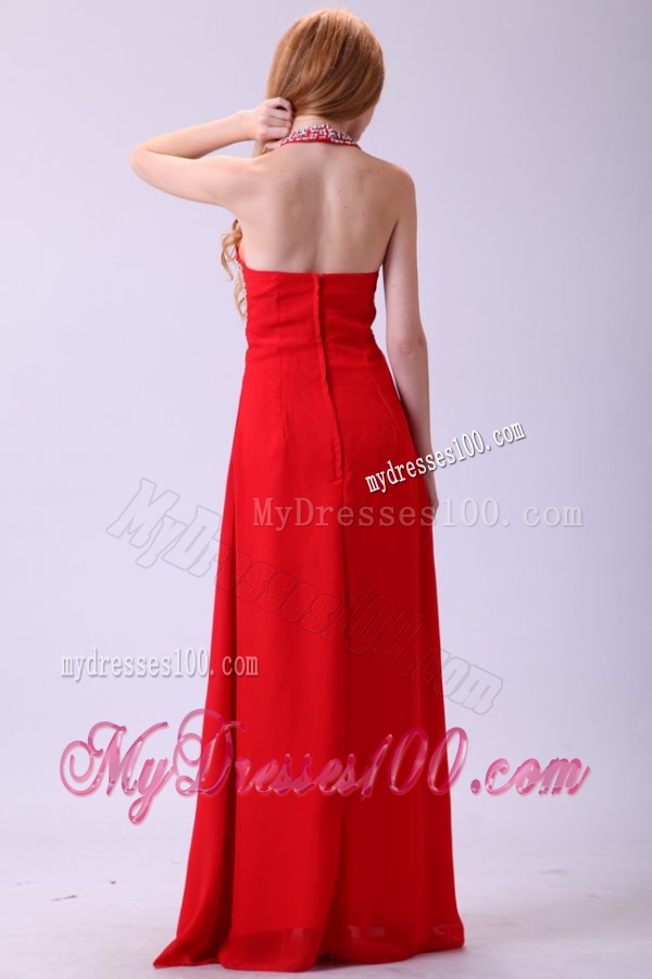 2014 Empire Halter Beading Red Chiffon Floor-length Evening Dress