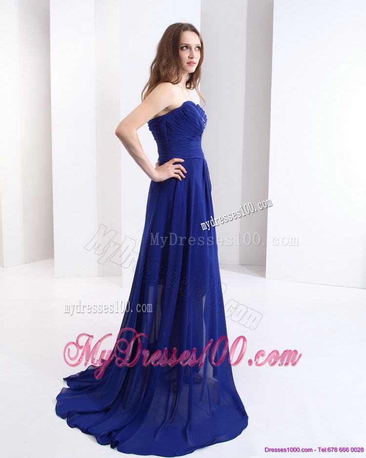 2016 Navy Blue Brush Train Evening Dress with Beading