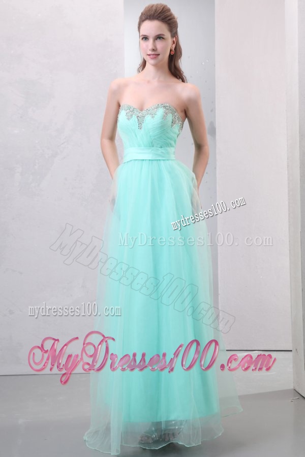 A-line Apple Green Sweetheart Beading and Ruching Organza Evening Dress