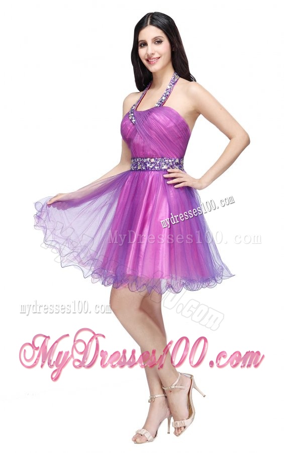 A-line Halter Top Beading and Ruching Knee-length Purple Evening Dress
