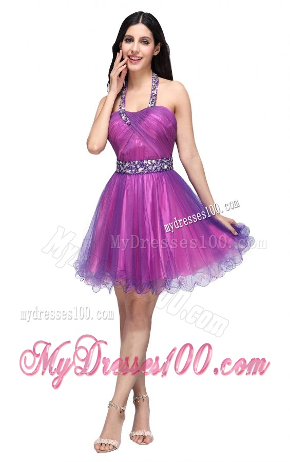 A-line Halter Top Beading and Ruching Knee-length Purple Evening Dress