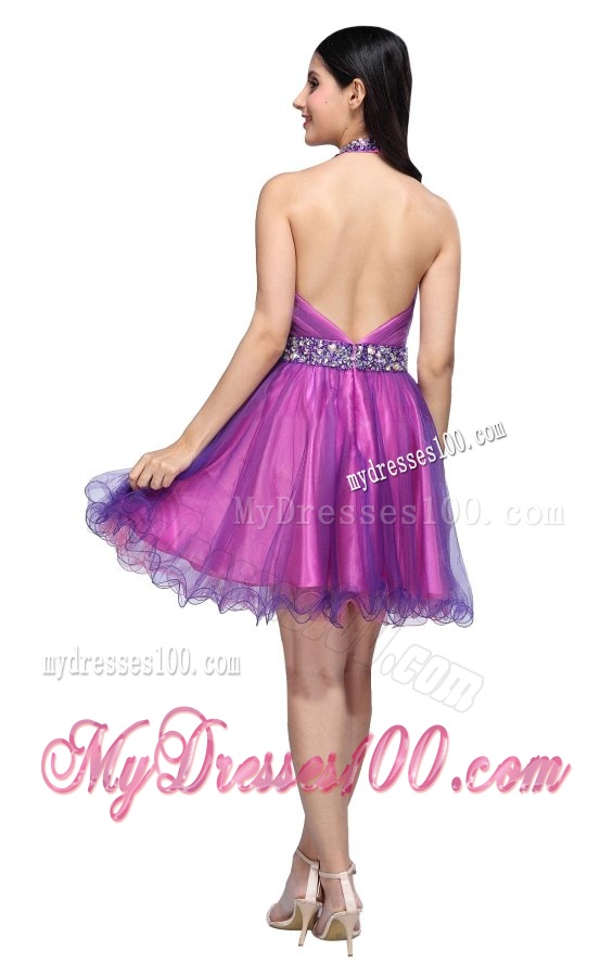 A-line Halter Top Beading and Ruching Knee-length Purple Evening Dress