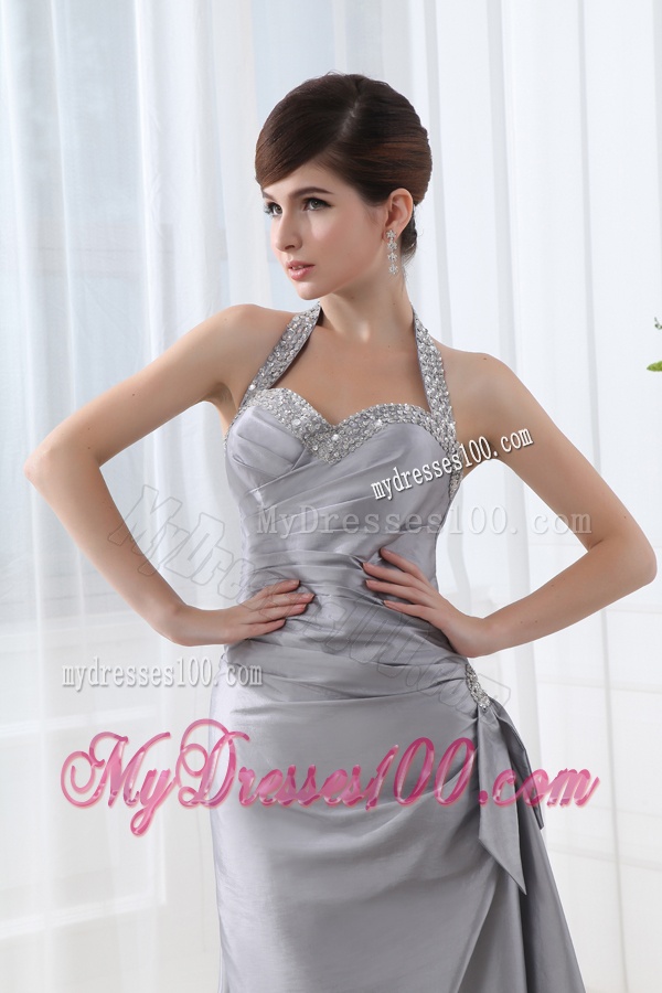 A-line Halter Top Silver Evening Dress with Beading and Ruching