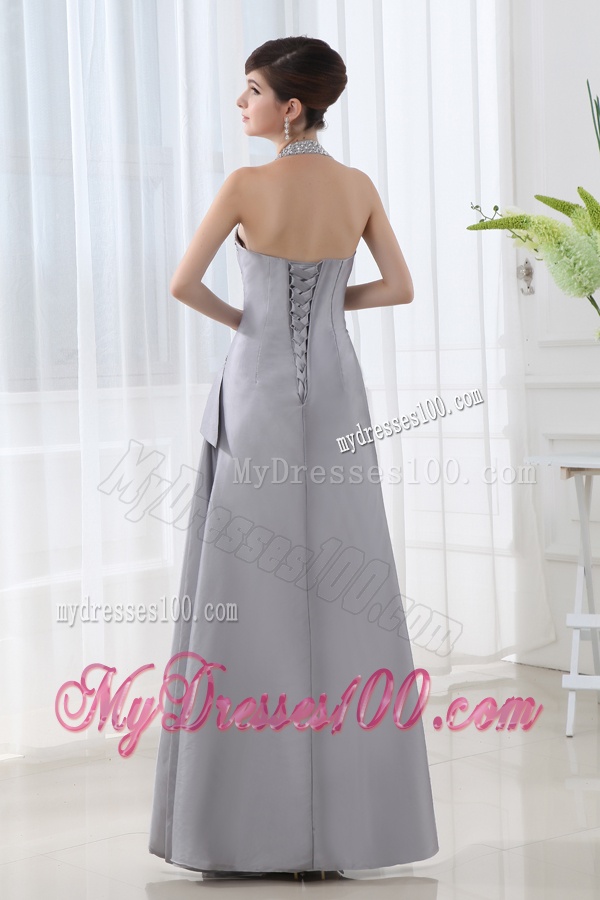 A-line Halter Top Silver Evening Dress with Beading and Ruching