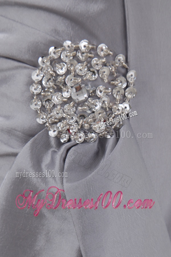 A-line Halter Top Silver Evening Dress with Beading and Ruching