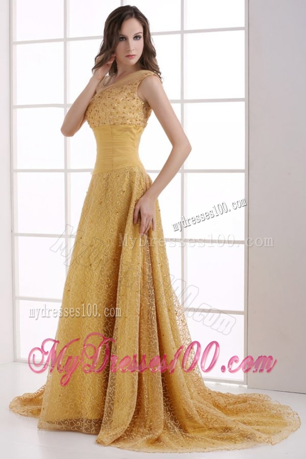 A-line Lace One Shoulder Ruching Court Train Gold Evening Dress