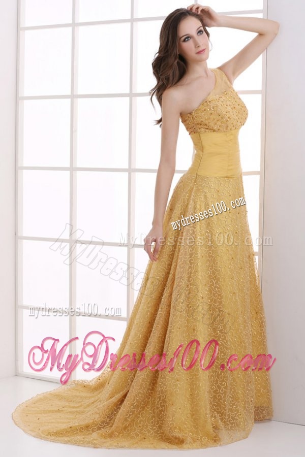 A-line Lace One Shoulder Ruching Court Train Gold Evening Dress