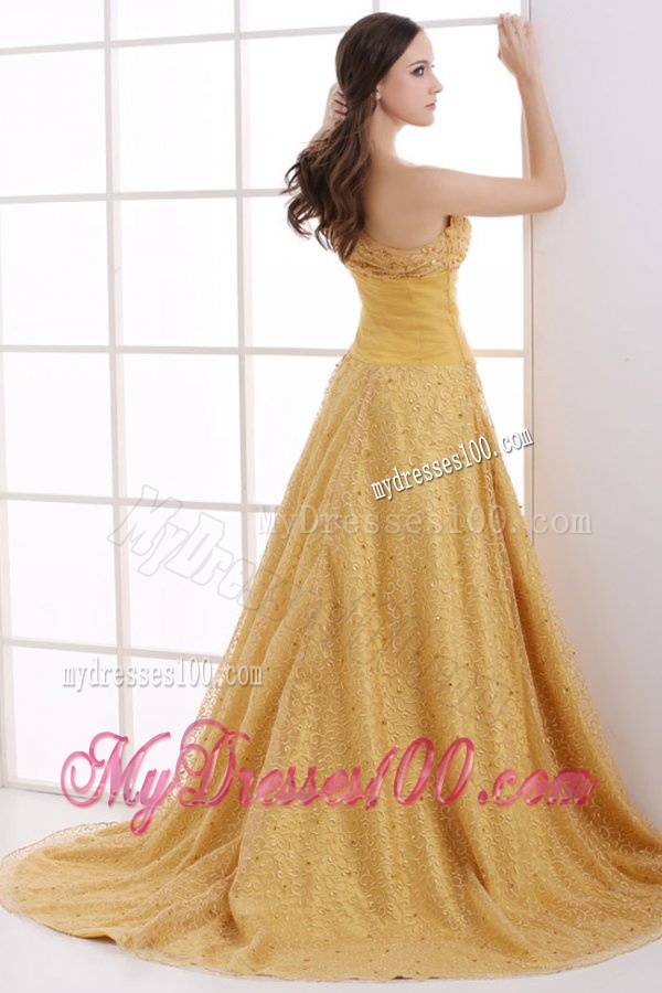 A-line Lace One Shoulder Ruching Court Train Gold Evening Dress