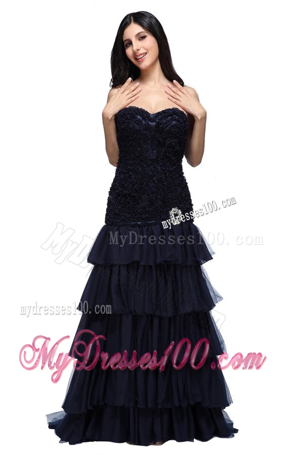 A-line Navy Blue Sweetheart Ruffled Layers and Beading Evening Dress with Appliques