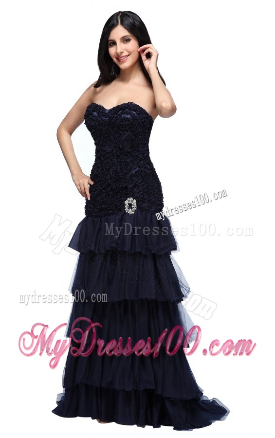 A-line Navy Blue Sweetheart Ruffled Layers and Beading Evening Dress with Appliques
