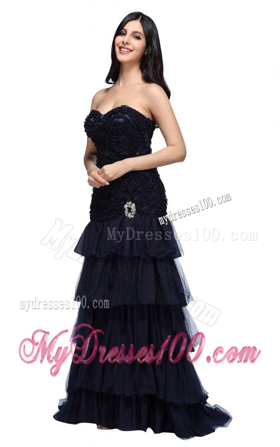 A-line Navy Blue Sweetheart Ruffled Layers and Beading Evening Dress with Appliques