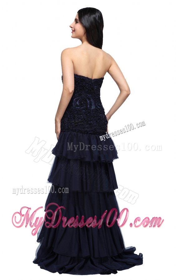 A-line Navy Blue Sweetheart Ruffled Layers and Beading Evening Dress with Appliques