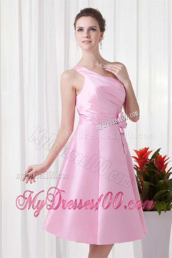 A-line Pink One Shoulder Knee-length Hand Made Flowers Evening Dress