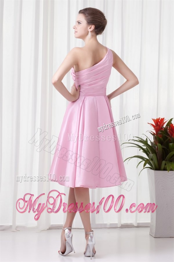 A-line Pink One Shoulder Knee-length Hand Made Flowers Evening Dress