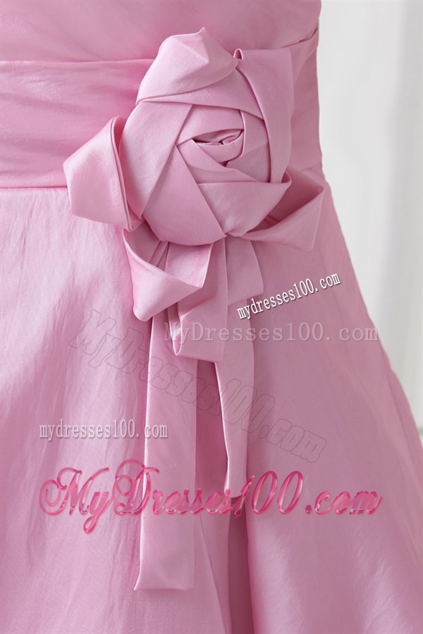 A-line Pink One Shoulder Knee-length Hand Made Flowers Evening Dress