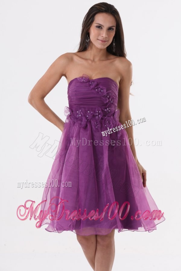 A-line Purple Strapless Appliques Organza Knee-length Evening Dress