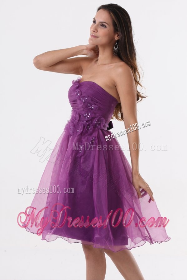 A-line Purple Strapless Appliques Organza Knee-length Evening Dress