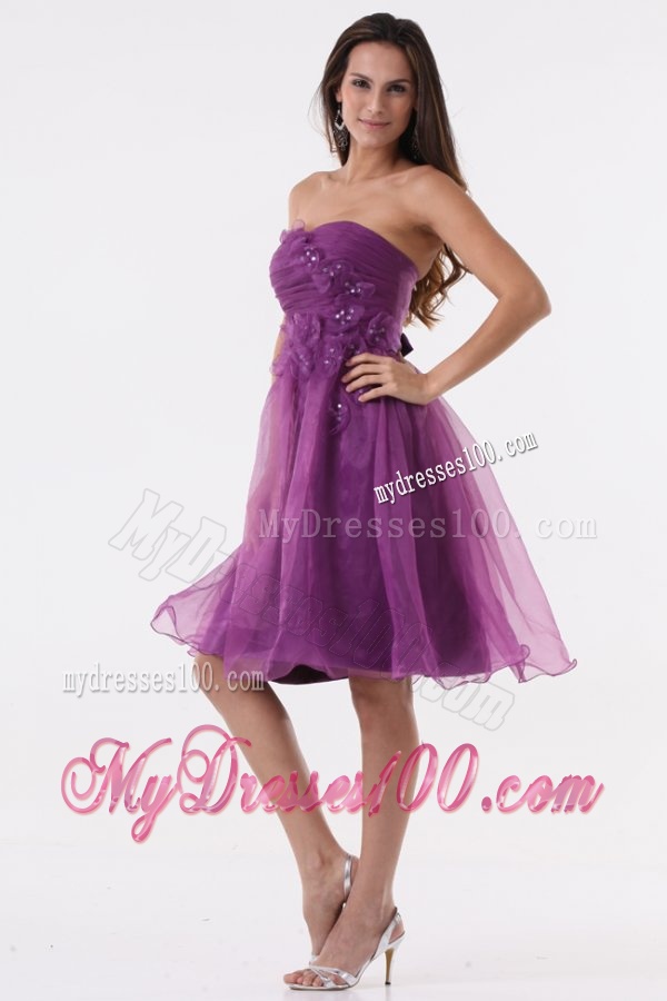 A-line Purple Strapless Appliques Organza Knee-length Evening Dress