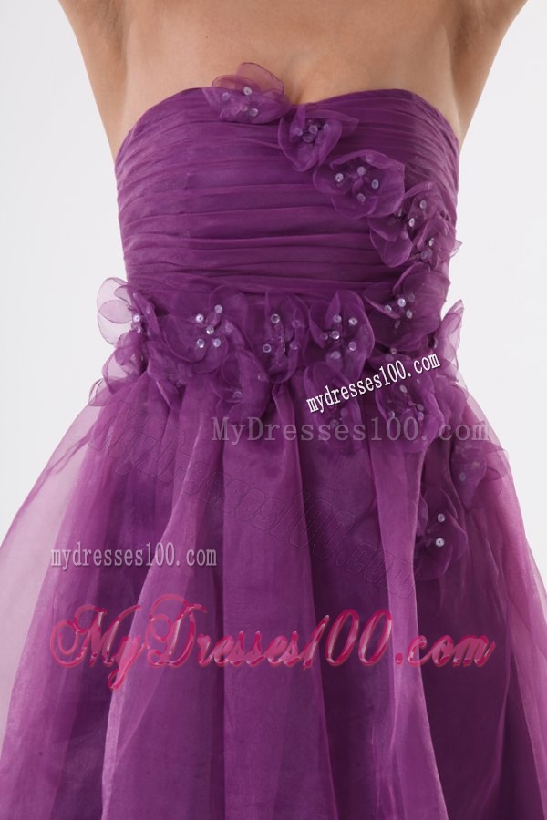 A-line Purple Strapless Appliques Organza Knee-length Evening Dress