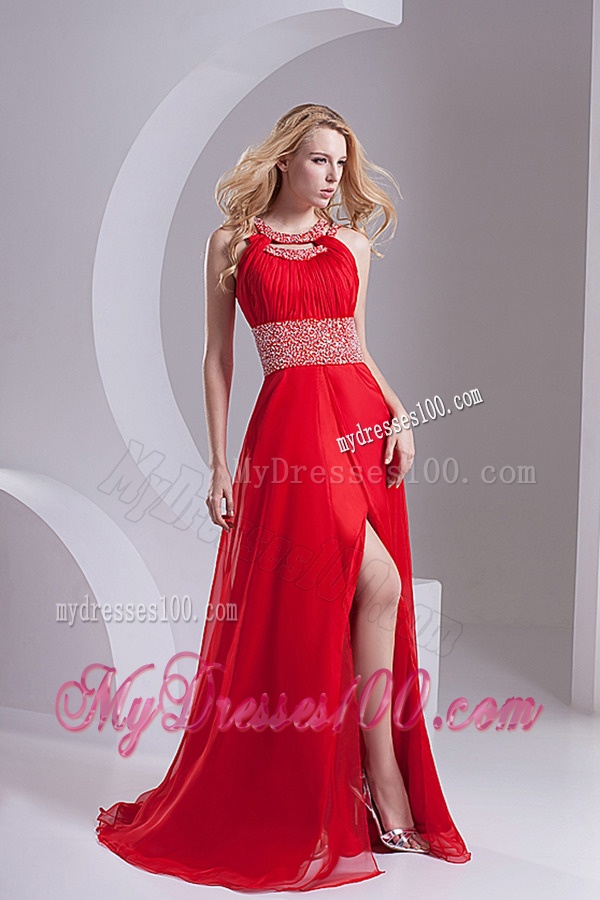 A-line Scoop Chiffon Beading and Ruching Sweep Train Evening Dress