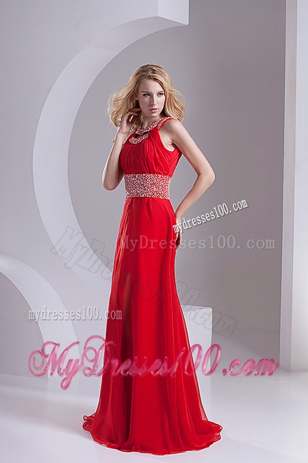A-line Scoop Chiffon Beading and Ruching Sweep Train Evening Dress