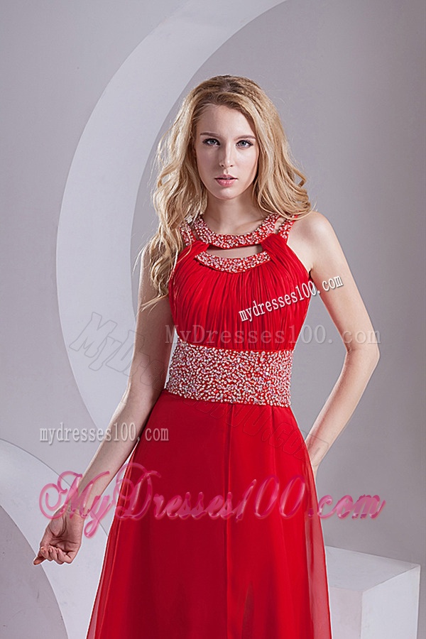 A-line Scoop Chiffon Beading and Ruching Sweep Train Evening Dress