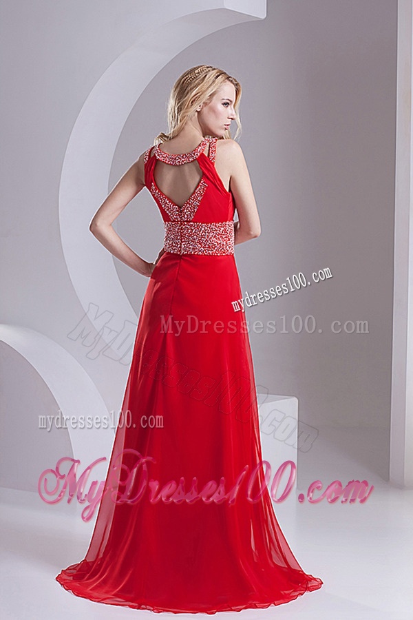 A-line Scoop Chiffon Beading and Ruching Sweep Train Evening Dress