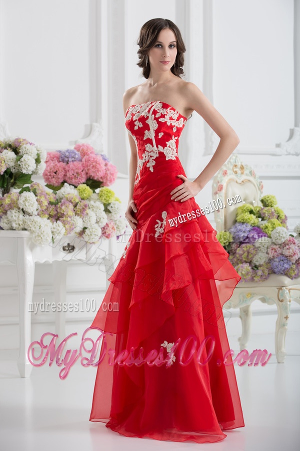 A-line Strapless Appliques Ruffled Layers Evening Dress