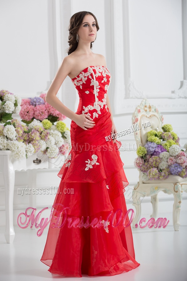 A-line Strapless Appliques Ruffled Layers Evening Dress