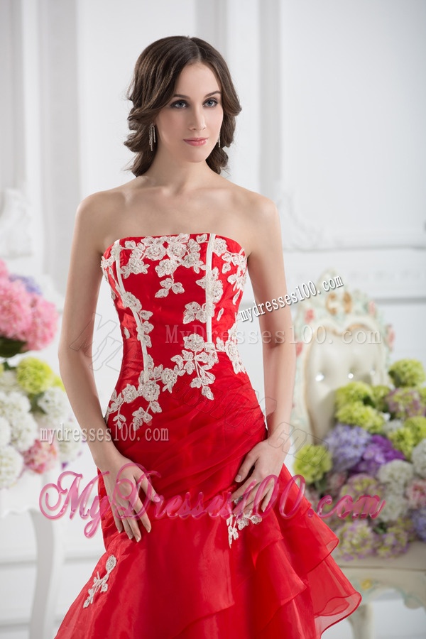 A-line Strapless Appliques Ruffled Layers Evening Dress