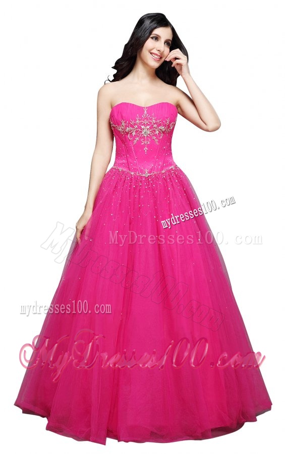 A-line Strapless Hot Pink Appliques Organza Beading Evening Dress