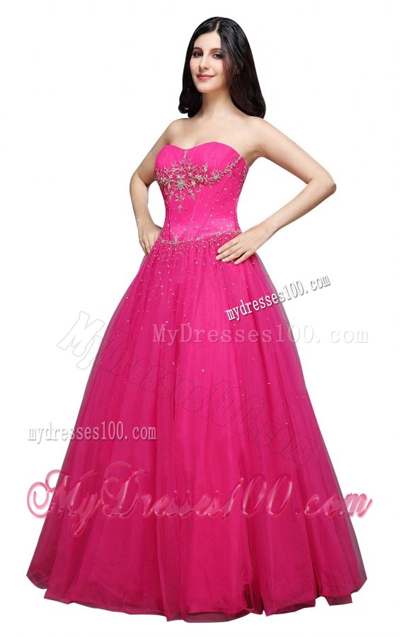 A-line Strapless Hot Pink Appliques Organza Beading Evening Dress