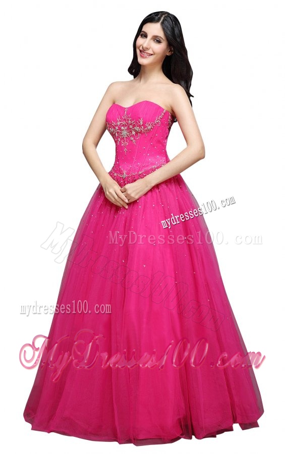 A-line Strapless Hot Pink Appliques Organza Beading Evening Dress