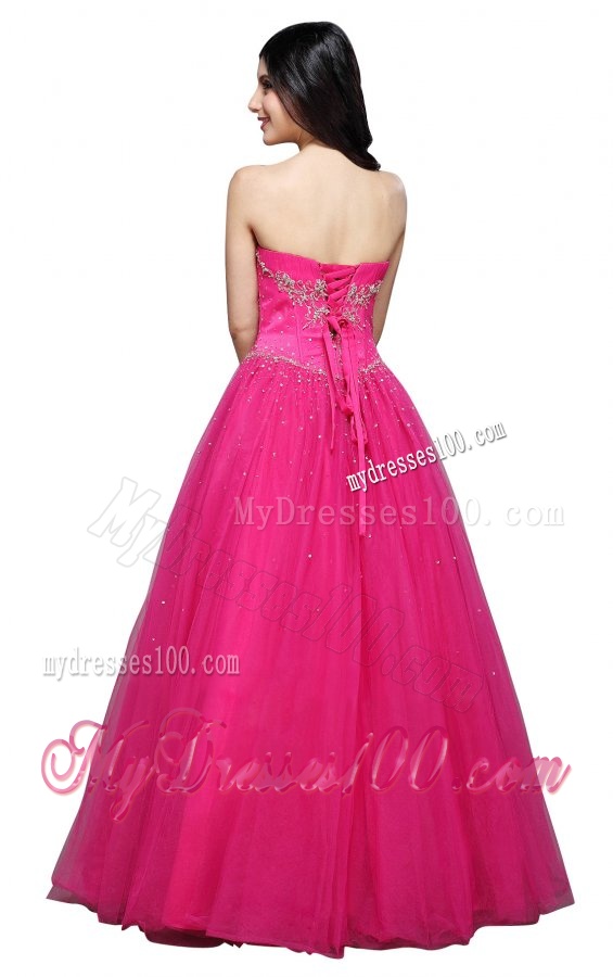 A-line Strapless Hot Pink Appliques Organza Beading Evening Dress