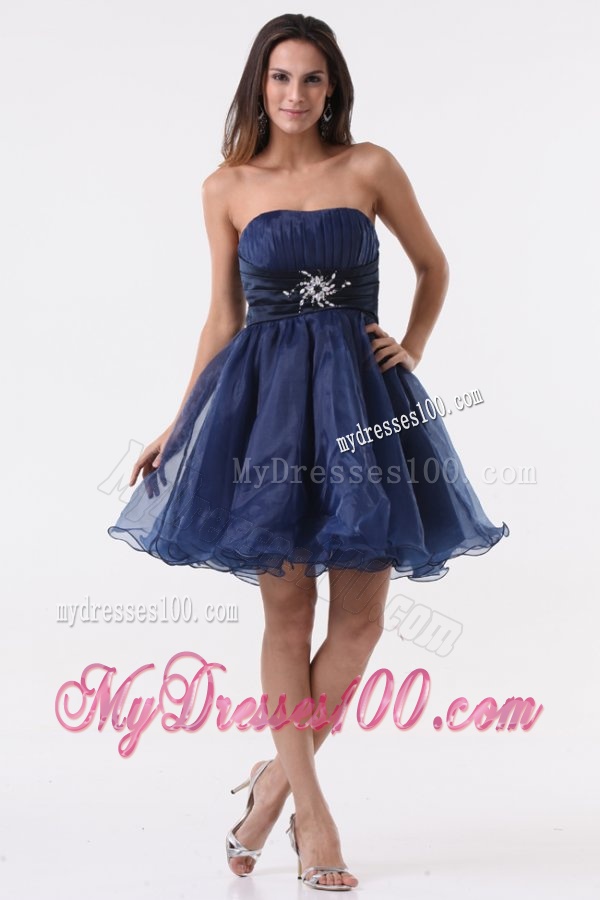 A-line Strapless Navy Blue Beading Ruching Organza Evening Dress