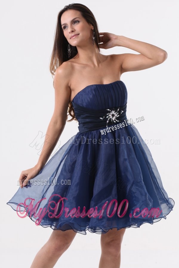 A-line Strapless Navy Blue Beading Ruching Organza Evening Dress