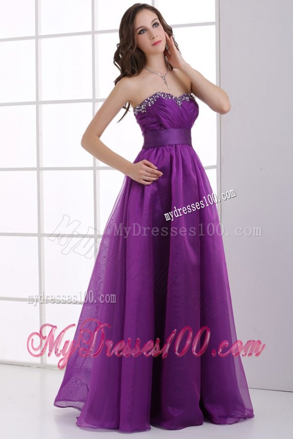 A-line Sweetheart Eggplant Purple Ruching Beading Chiffon Evening Dress