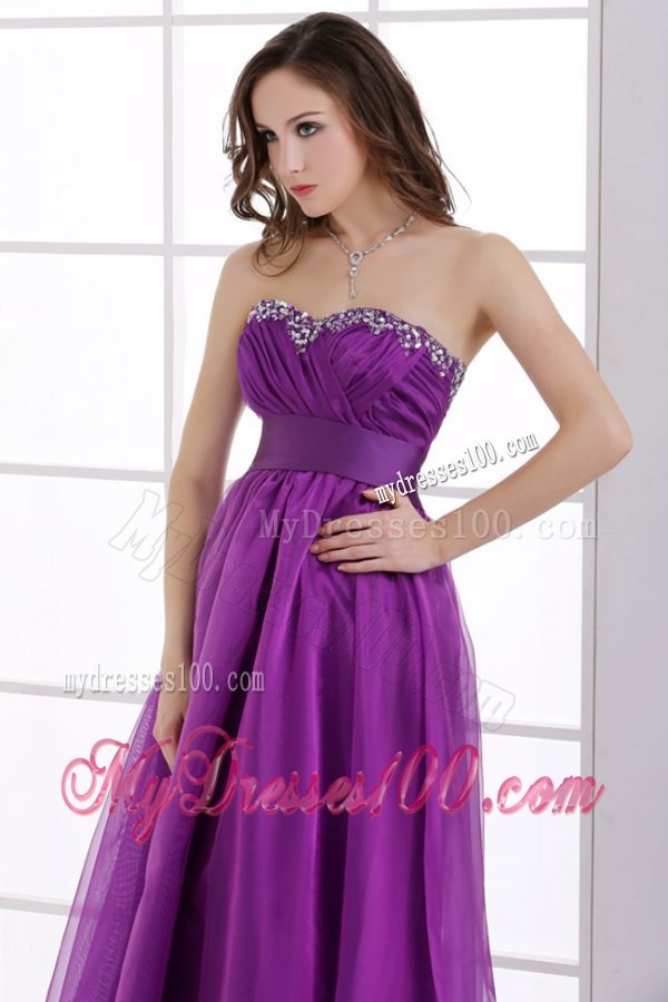 A-line Sweetheart Eggplant Purple Ruching Beading Chiffon Evening Dress