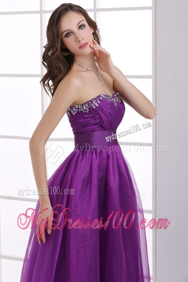 A-line Sweetheart Eggplant Purple Ruching Beading Chiffon Evening Dress