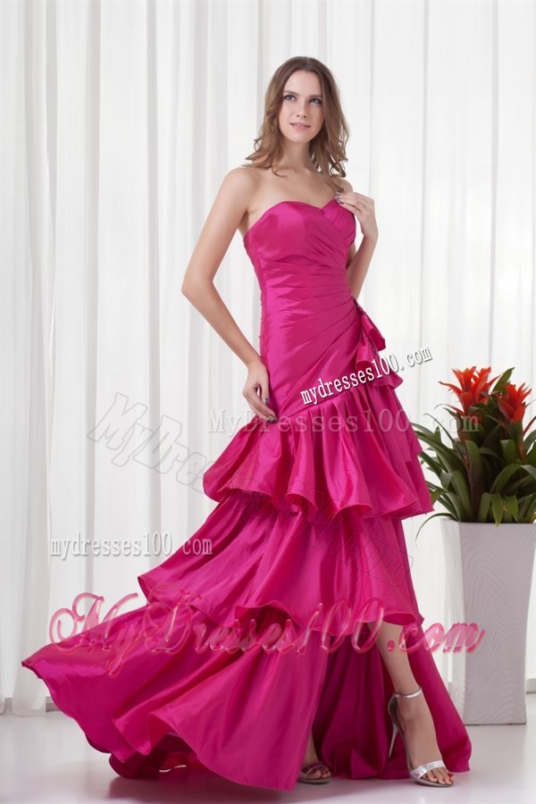 A-line Sweetheart Fuchsia High Low Ruching Bowknot Taffeta Evening Dress