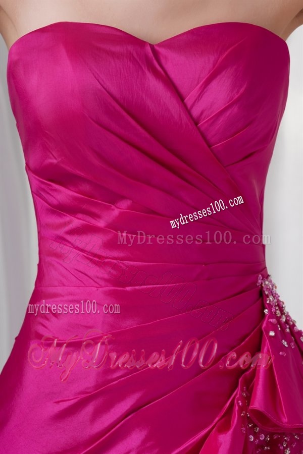A-line Sweetheart Fuchsia High Low Ruching Bowknot Taffeta Evening Dress