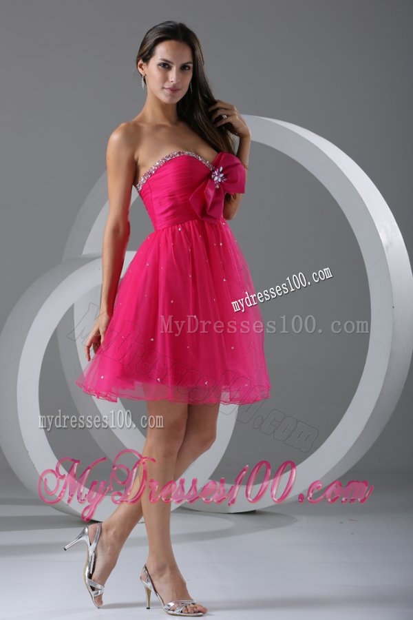 A-line Sweetheart Hot Pink Beading and Ruching Knee-length Evening Dress