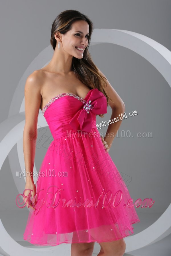 A-line Sweetheart Hot Pink Beading and Ruching Knee-length Evening Dress