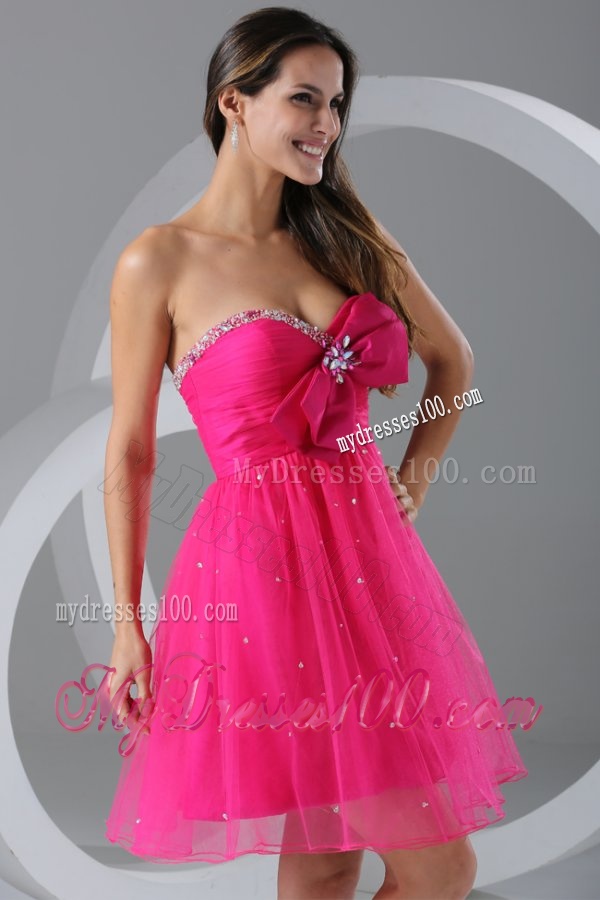A-line Sweetheart Hot Pink Beading and Ruching Knee-length Evening Dress