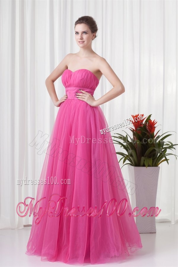 A-line Tulle Sweetheart Hot Pink Ruching Long Evening Dress