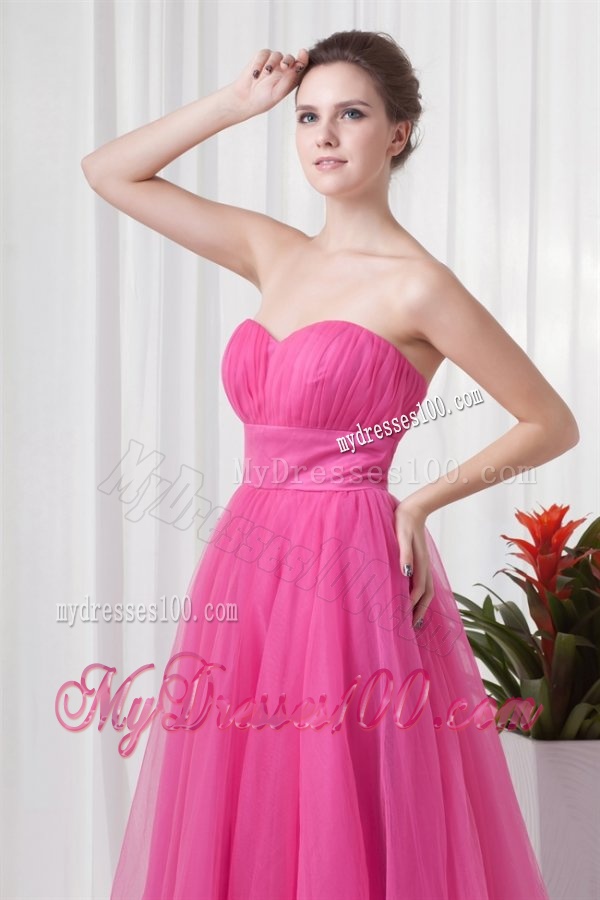 A-line Tulle Sweetheart Hot Pink Ruching Long Evening Dress